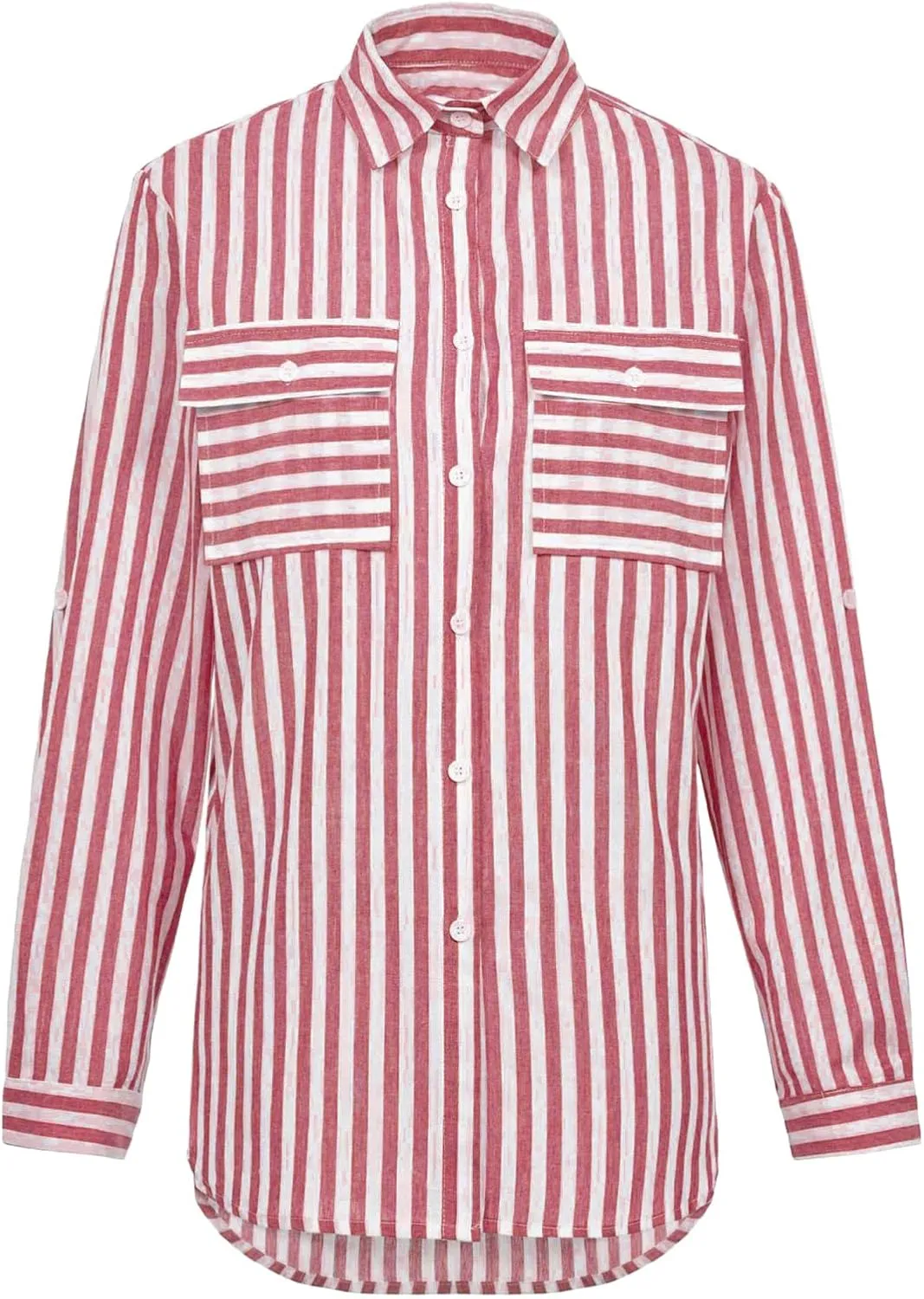 Womens Button Down Shirts Summer Linen V Neck Collared Stripes Casual Long Sleeve Blouses Tops with Pocket