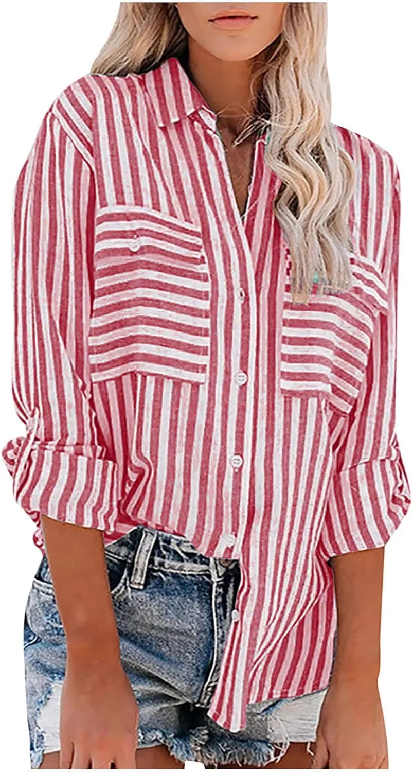 Womens Button Down Shirts Summer Linen V Neck Collared Stripes Casual Long Sleeve Blouses Tops with Pocket
