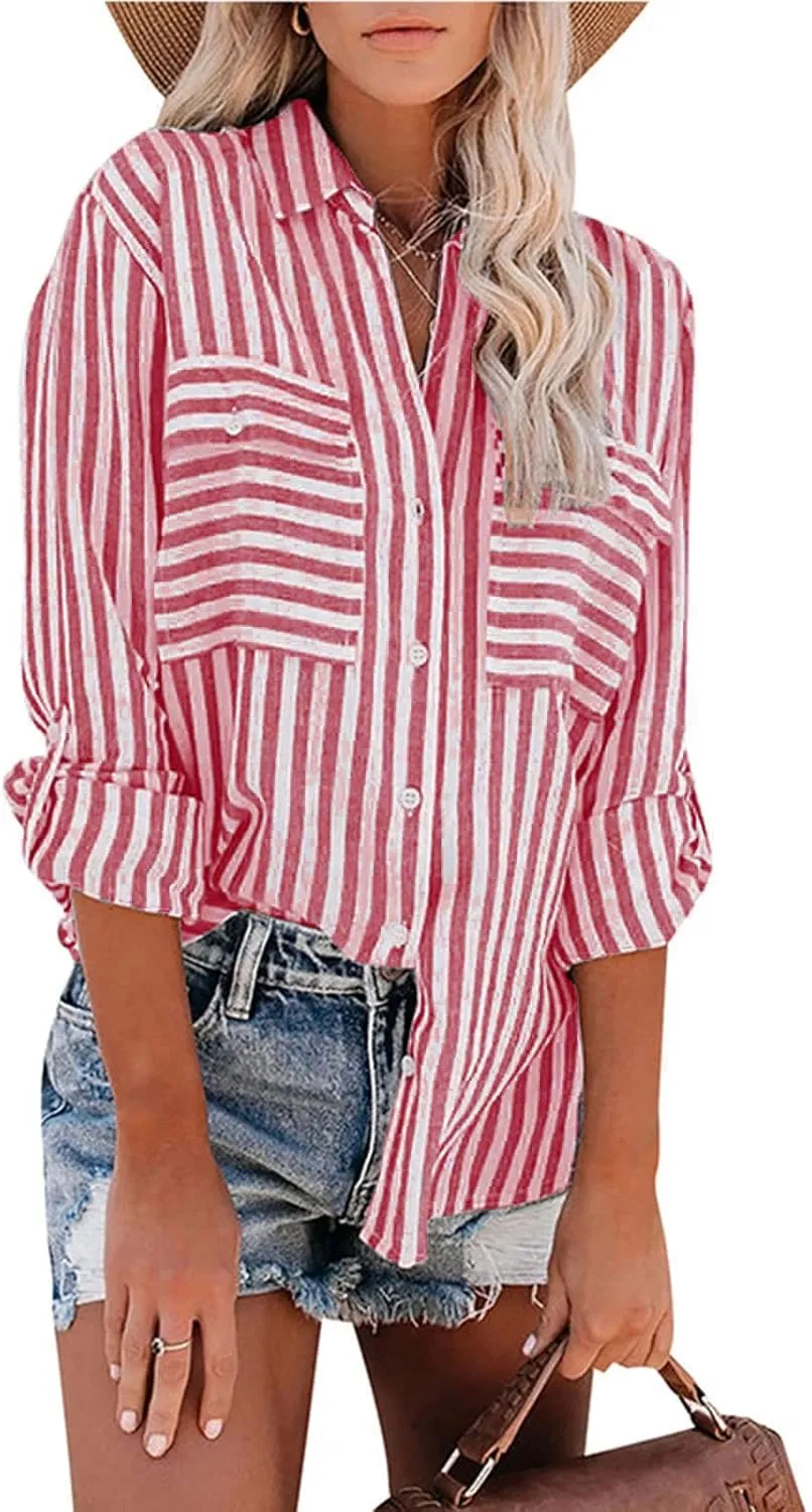 Womens Button Down Shirts Summer Linen V Neck Collared Stripes Casual Long Sleeve Blouses Tops with Pocket