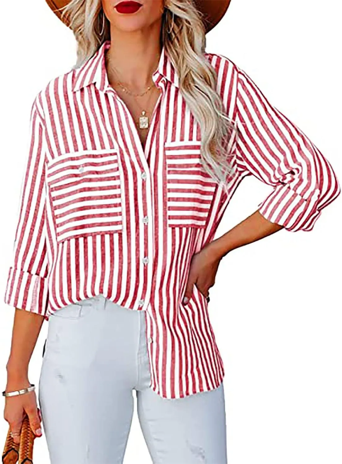 Womens Button Down Shirts Summer Linen V Neck Collared Stripes Casual Long Sleeve Blouses Tops with Pocket
