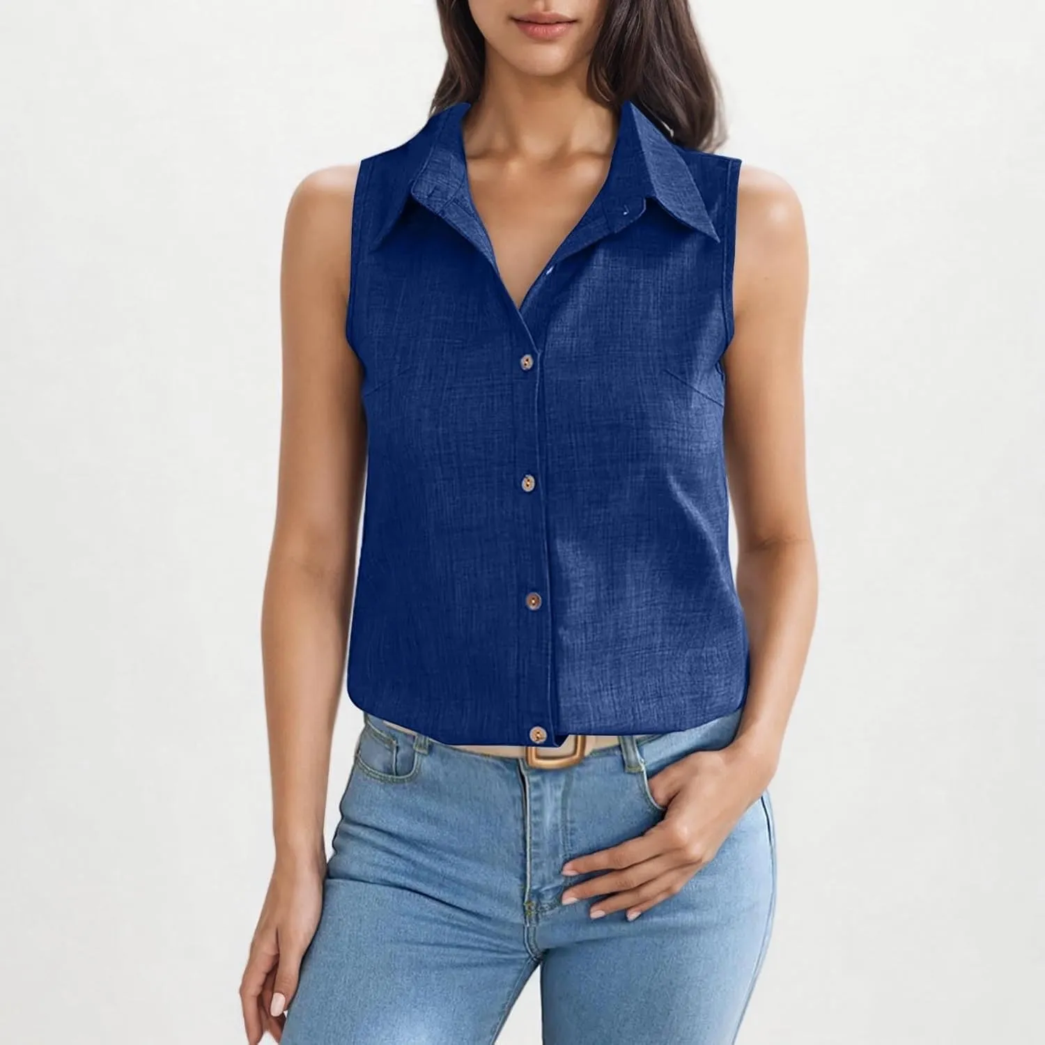 Women's Button-Front Sleeveless Blouse - Lightweight Linen Summer Top, Relaxed Fit & Breathable Design