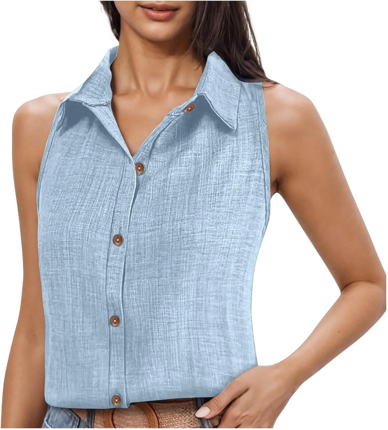 Women's Button-Front Sleeveless Blouse - Lightweight Linen Summer Top, Relaxed Fit & Breathable Design