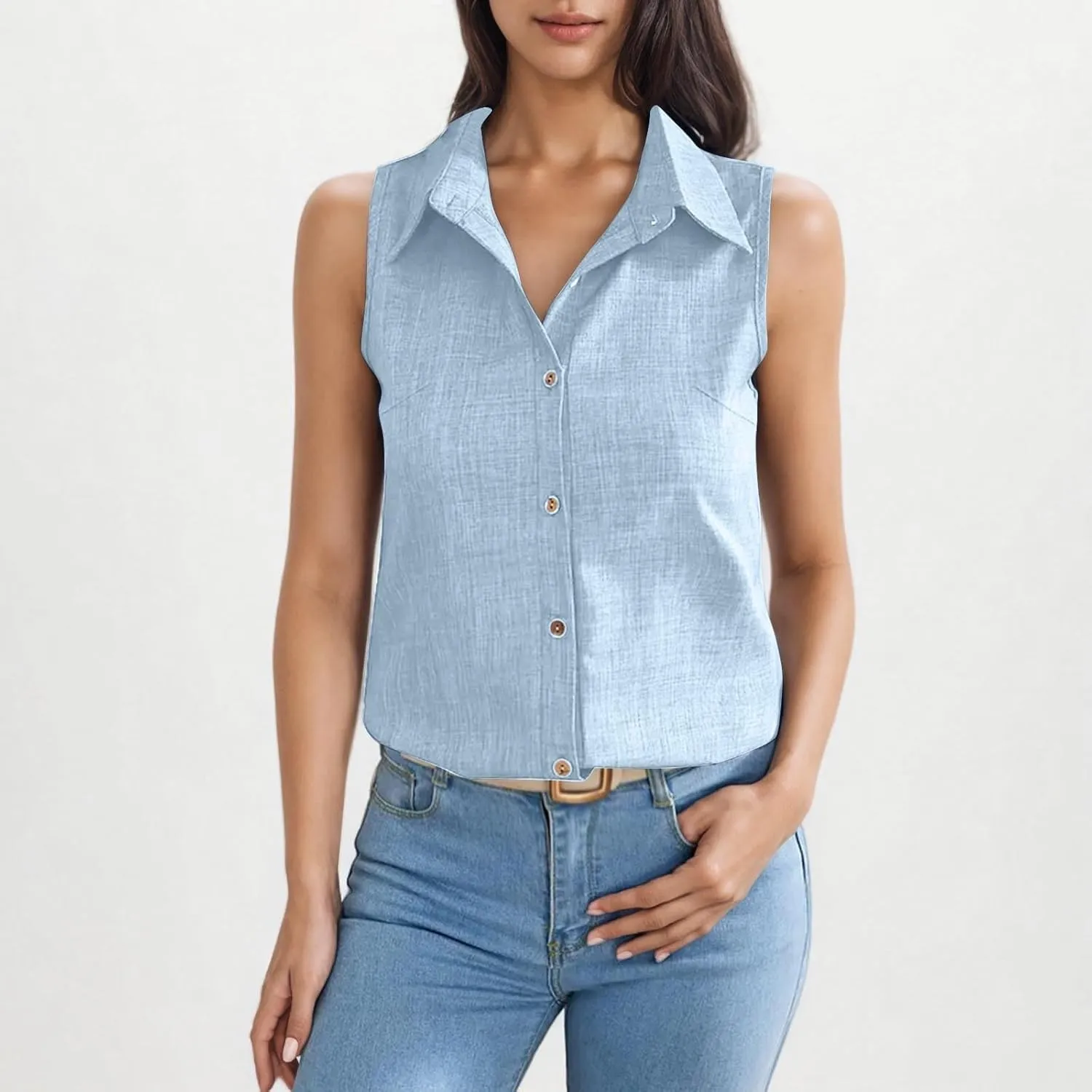 Women's Button-Front Sleeveless Blouse - Lightweight Linen Summer Top, Relaxed Fit & Breathable Design