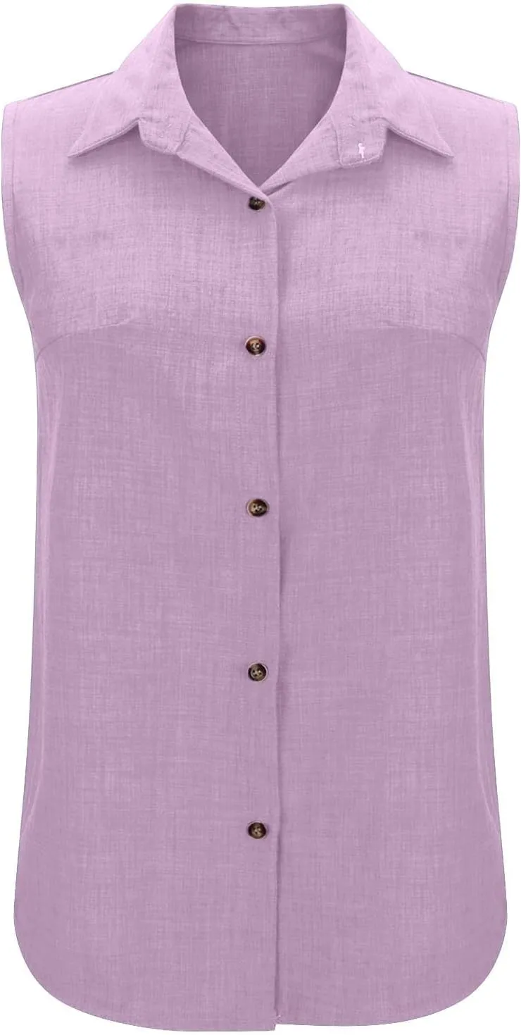Women's Button-Front Sleeveless Blouse - Lightweight Linen Summer Top, Relaxed Fit & Breathable Design