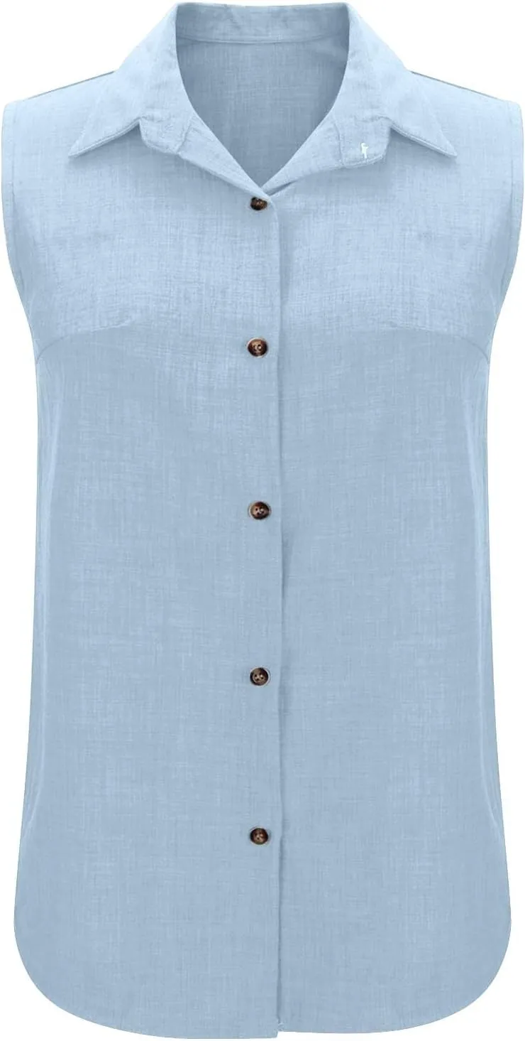 Women's Button-Front Sleeveless Blouse - Lightweight Linen Summer Top, Relaxed Fit & Breathable Design