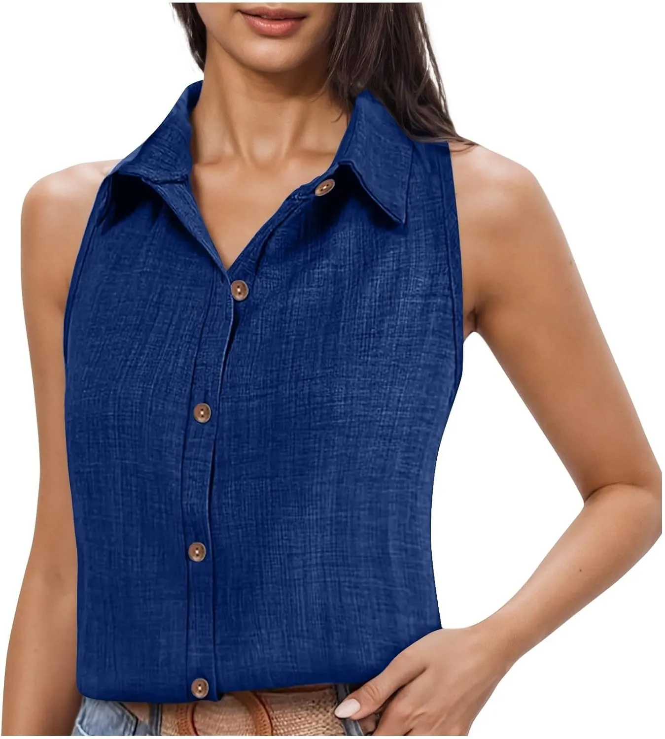 Women's Button-Front Sleeveless Blouse - Lightweight Linen Summer Top, Relaxed Fit & Breathable Design