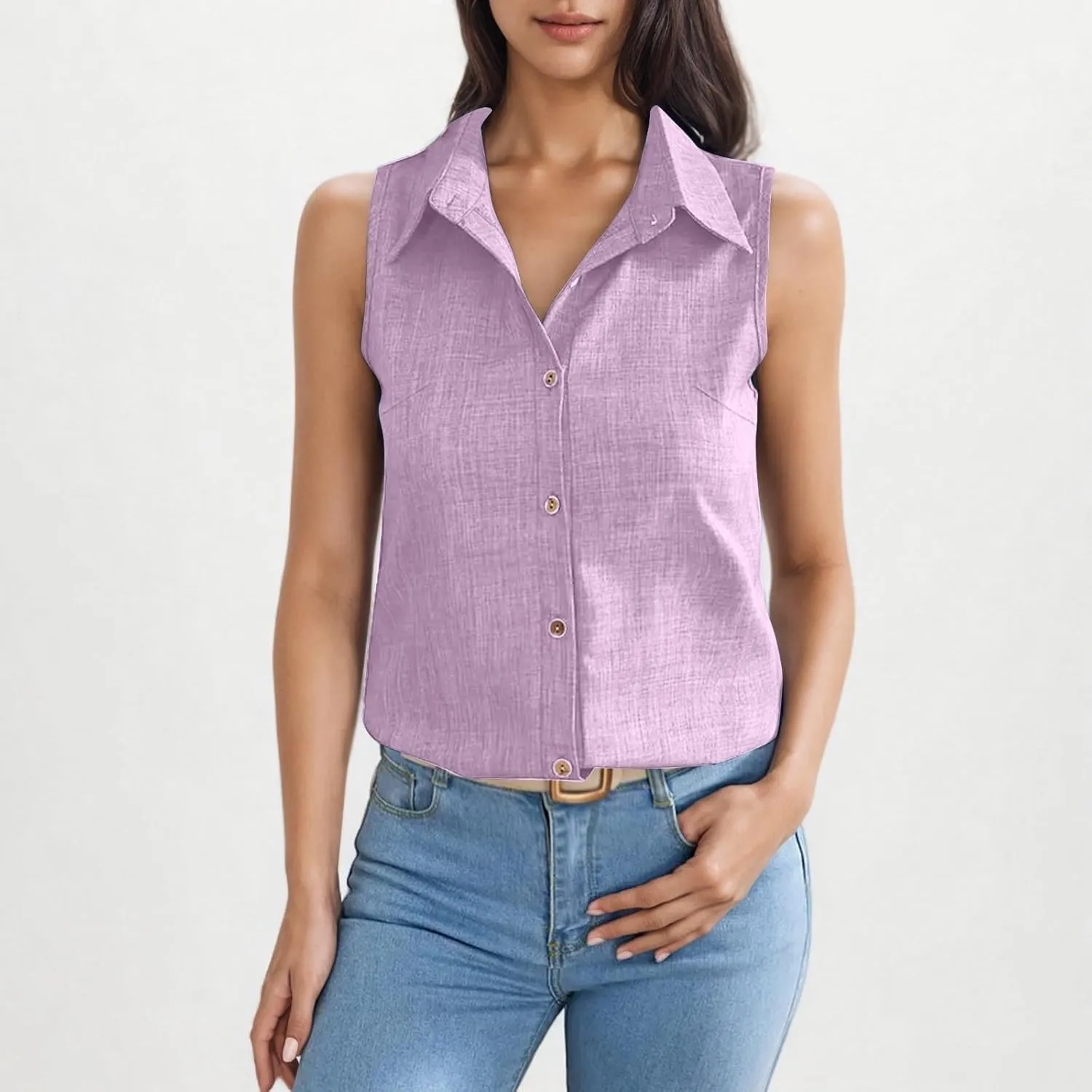 Women's Button-Front Sleeveless Blouse - Lightweight Linen Summer Top, Relaxed Fit & Breathable Design