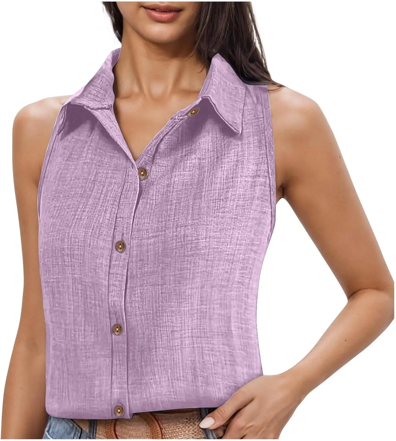 Women's Button-Front Sleeveless Blouse - Lightweight Linen Summer Top, Relaxed Fit & Breathable Design