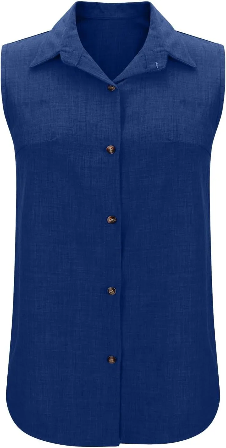 Women's Button-Front Sleeveless Blouse - Lightweight Linen Summer Top, Relaxed Fit & Breathable Design
