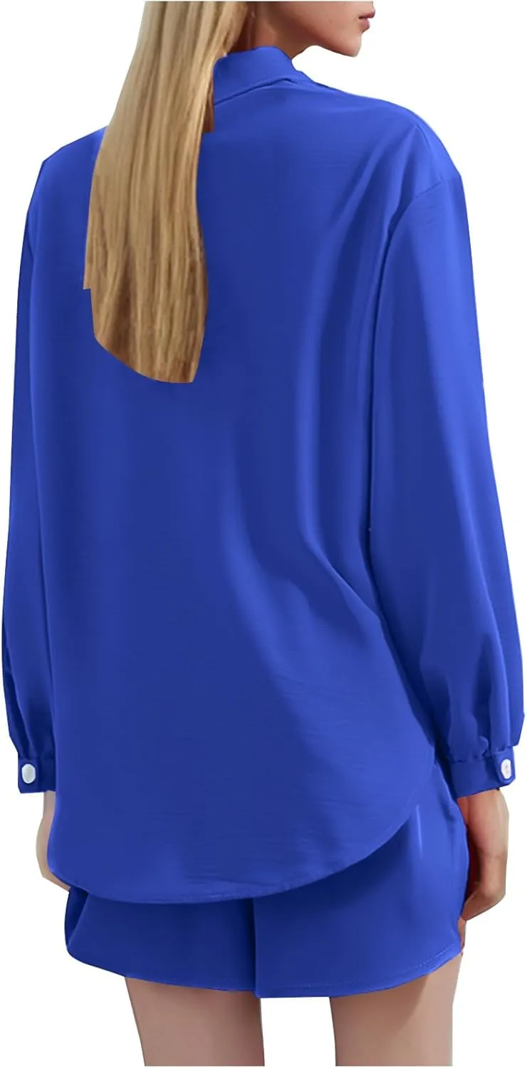 Women's Casual 2 Piece Outfits Cotton Linen Sets Long Sleeve Button Down Shirt Casual Shorts Resort Wear Beach Set