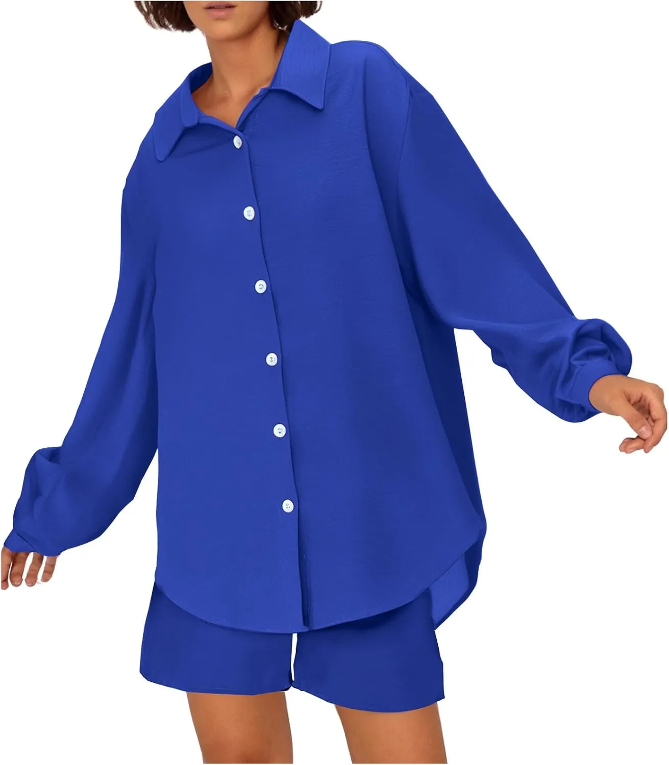 Women's Casual 2 Piece Outfits Cotton Linen Sets Long Sleeve Button Down Shirt Casual Shorts Resort Wear Beach Set
