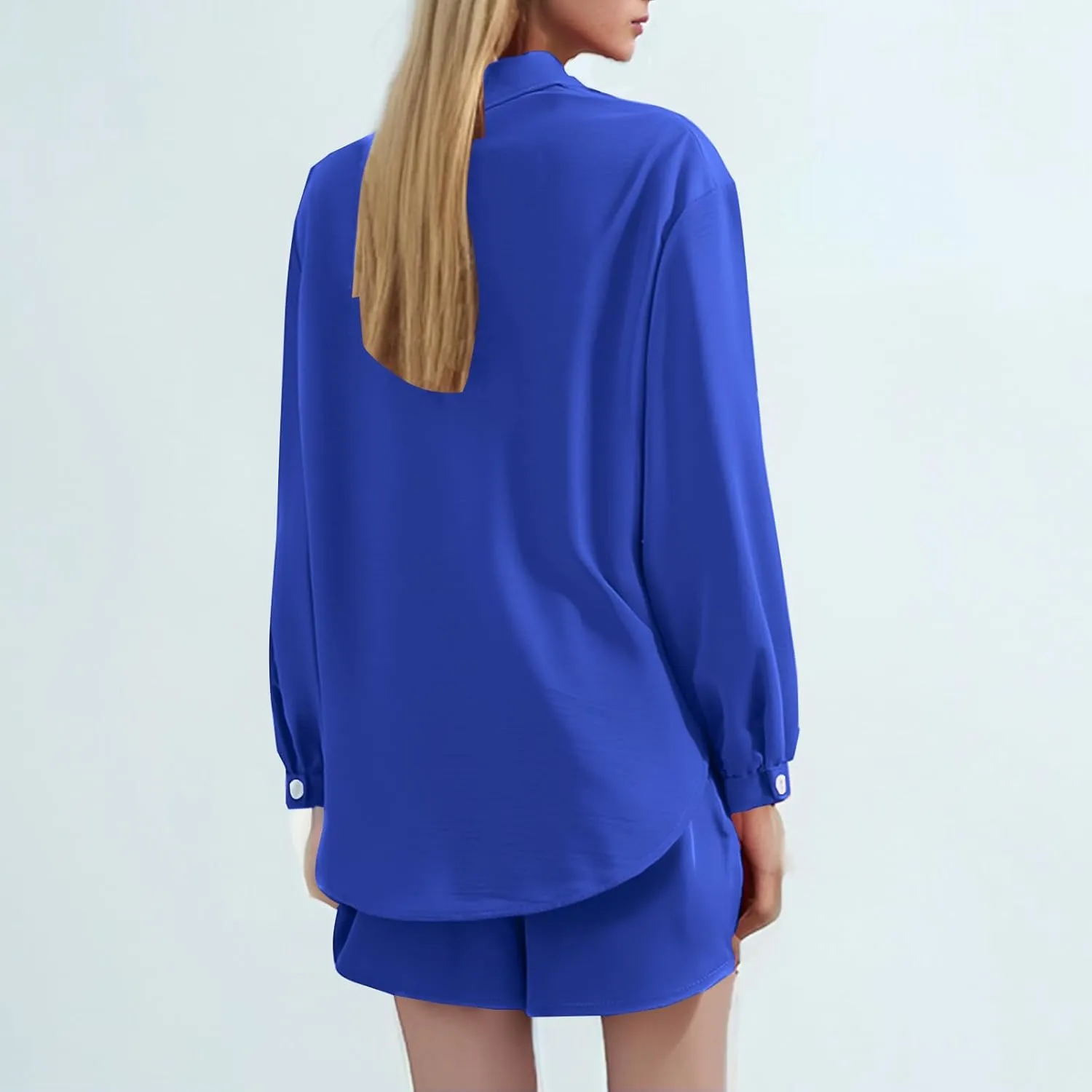 Women's Casual 2 Piece Outfits Cotton Linen Sets Long Sleeve Button Down Shirt Casual Shorts Resort Wear Beach Set