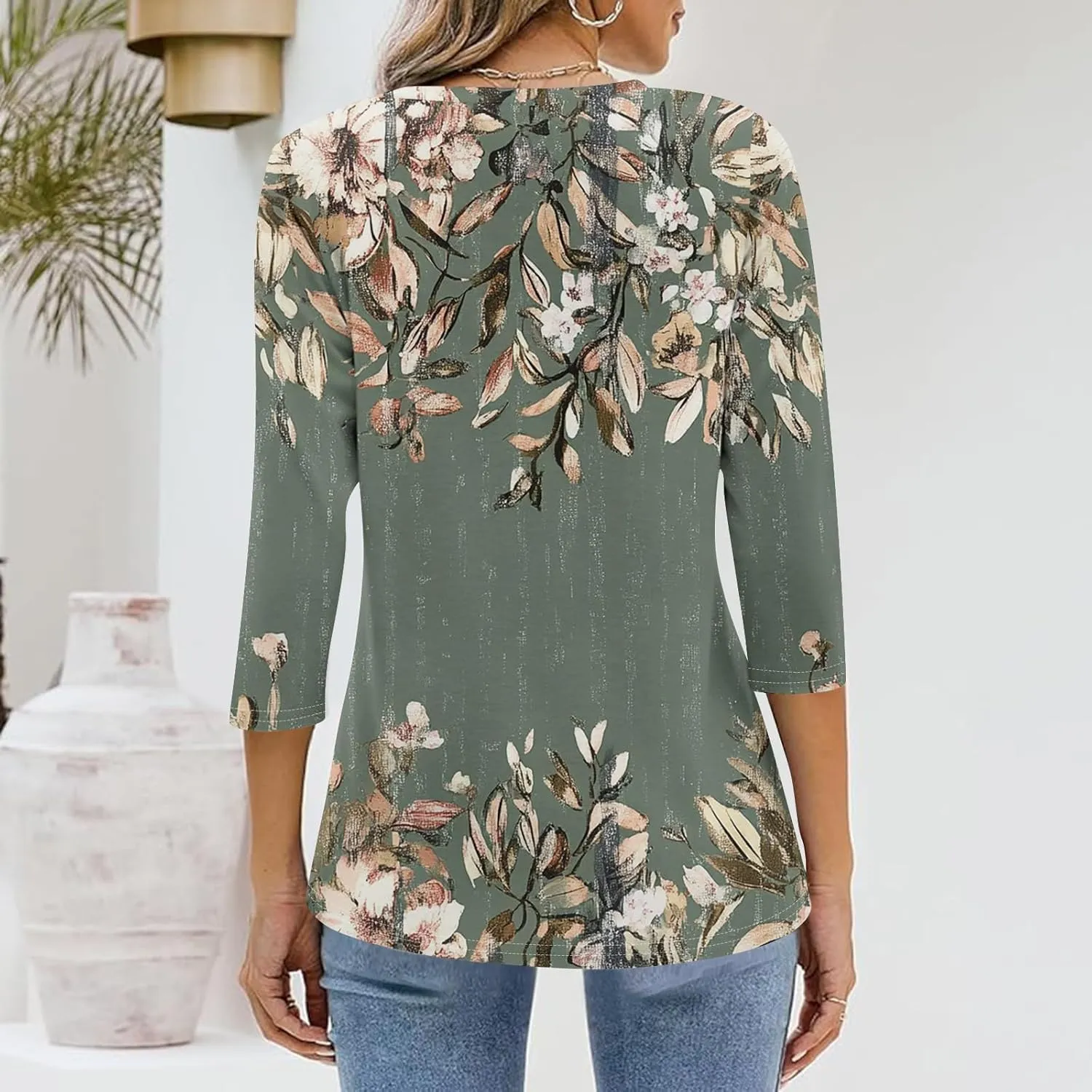 Womens Casual 3/4 Sleeve T-Shirts Sexy V Neck Loose Fit Tunic Tops Cute Basic Tees Blouses Pullover Tops
