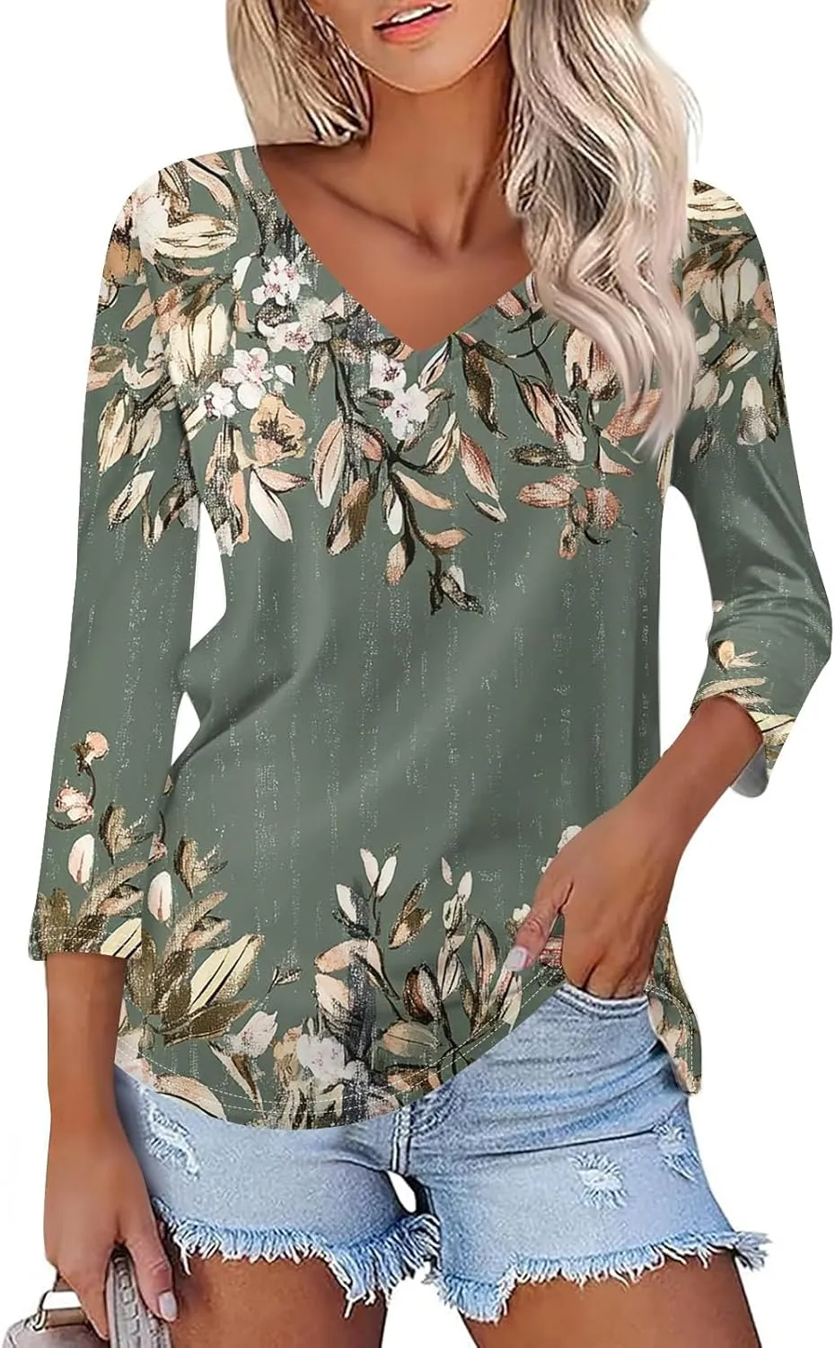 Womens Casual 3/4 Sleeve T-Shirts Sexy V Neck Loose Fit Tunic Tops Cute Basic Tees Blouses Pullover Tops