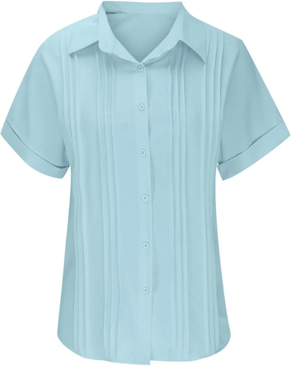 Women's Casual Button Down V Neck Short Sleeve Tops Pleated Blouses Loose Fit Summer Tees 2025 Stylish Fashion Shirt