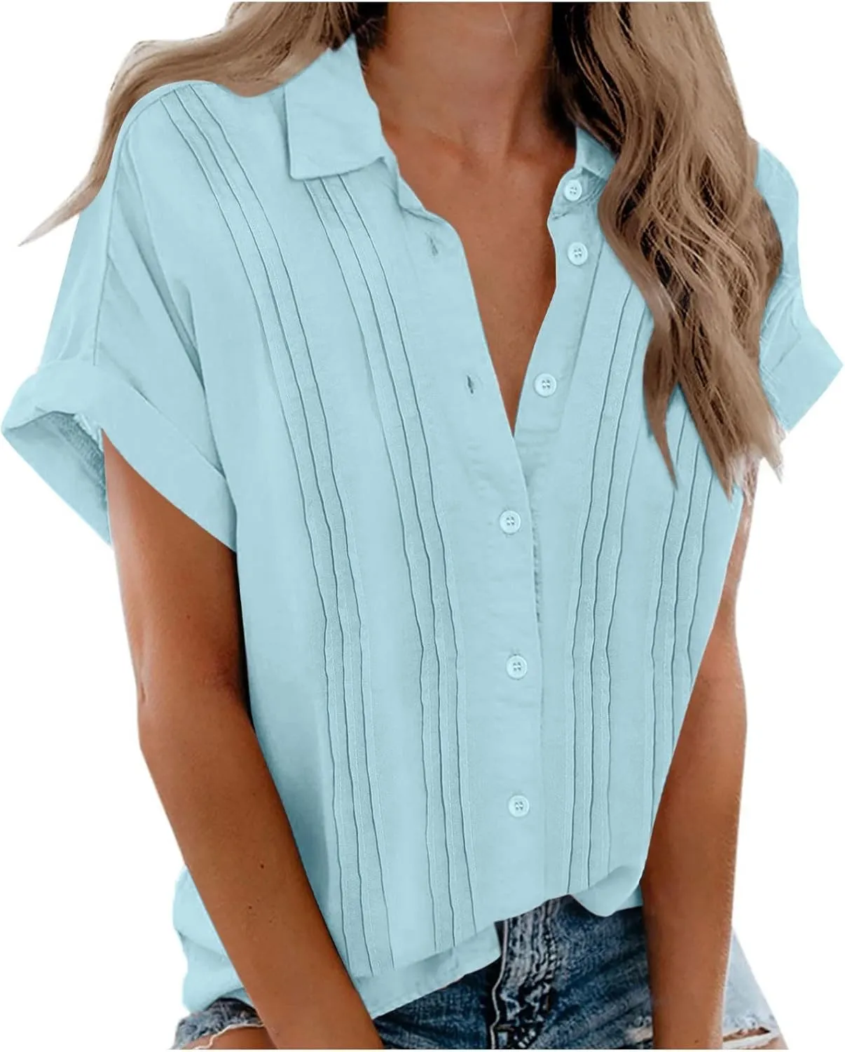 Women's Casual Button Down V Neck Short Sleeve Tops Pleated Blouses Loose Fit Summer Tees 2025 Stylish Fashion Shirt