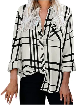 Women's Casual Plaid Button Down Blouses and Tops 2023 Fashion Collared Button Down Shirts Pullover Tee Top with Pocket
