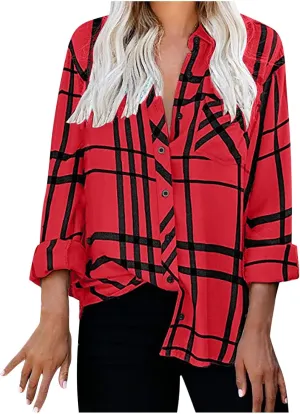 Women's Casual Plaid Button Down Blouses and Tops 2023 Fashion Collared Button Down Shirts Pullover Tee Top with Pocket