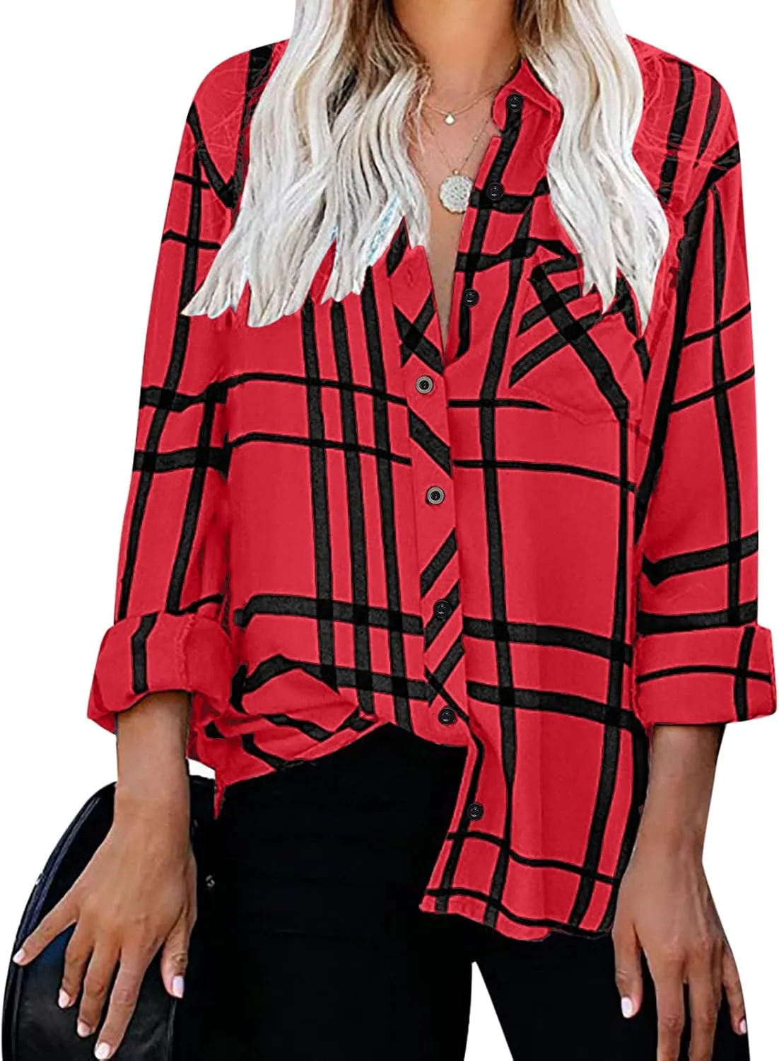 Women's Casual Plaid Button Down Blouses and Tops 2023 Fashion Collared Button Down Shirts Pullover Tee Top with Pocket