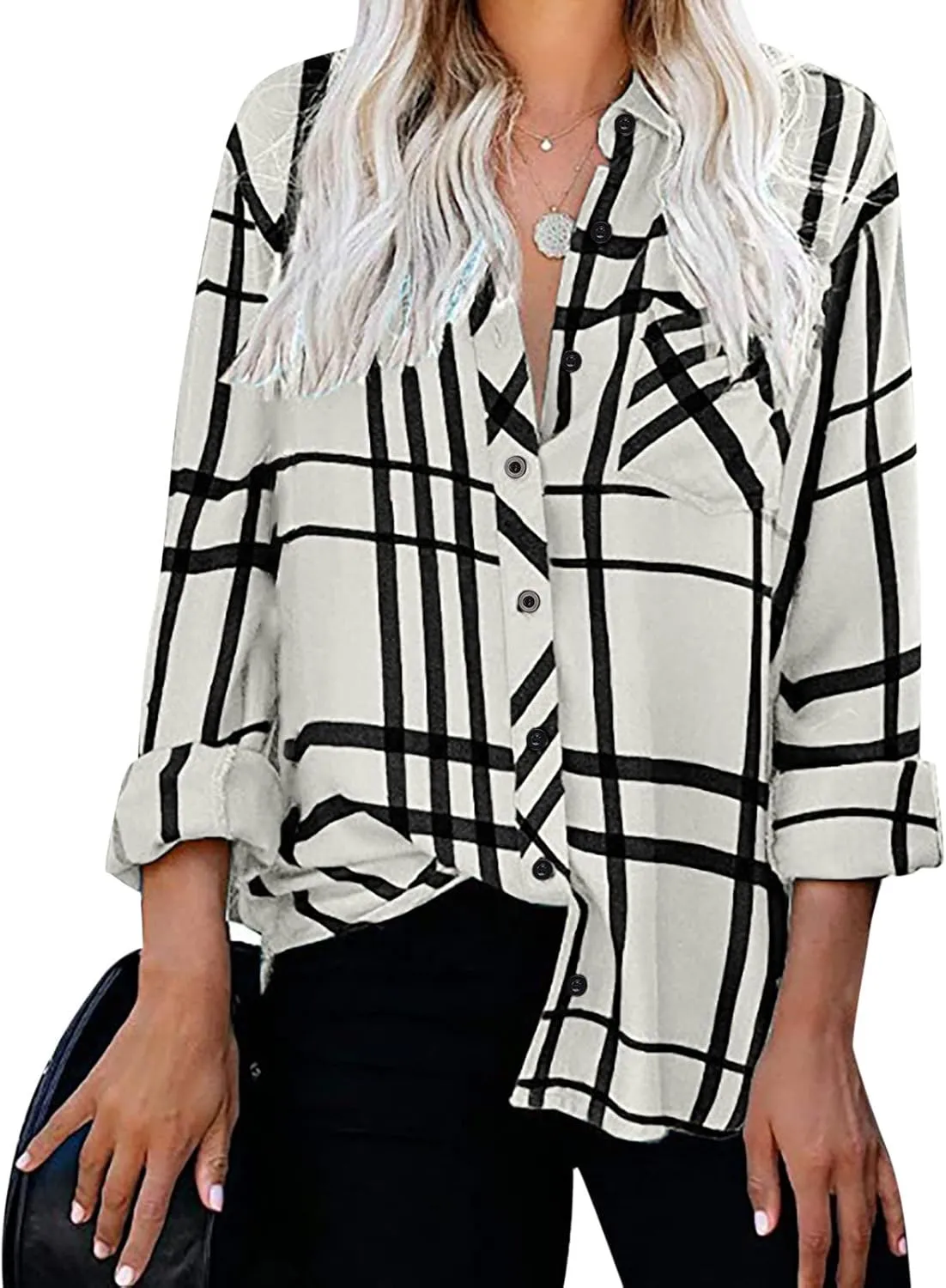 Women's Casual Plaid Button Down Blouses and Tops 2023 Fashion Collared Button Down Shirts Pullover Tee Top with Pocket
