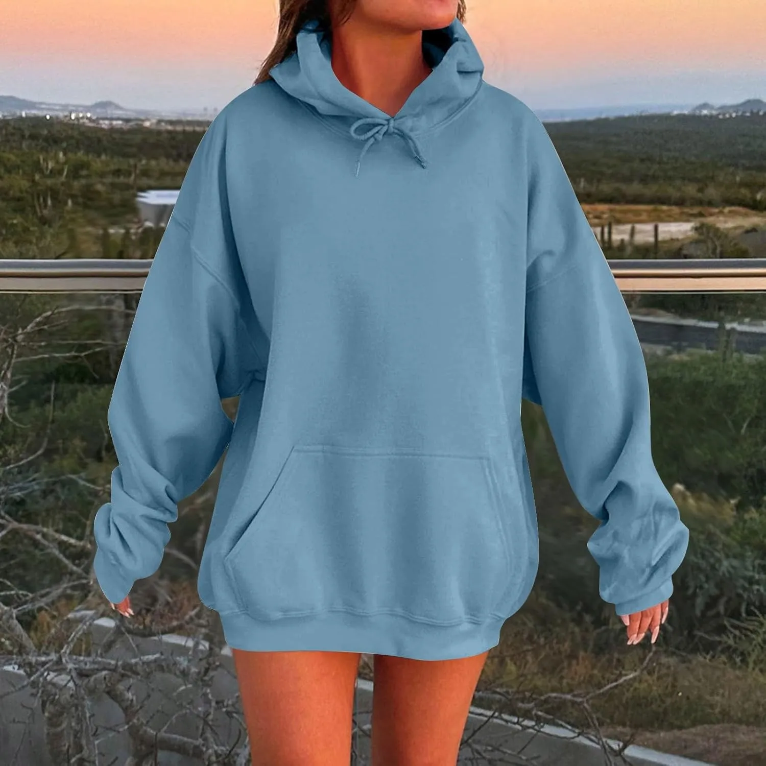 Womens Casual Soild Color Long Sleeve Hoodies Oversized Trendy Loose Fit Sweatshirts with Pockets Plus Size S-5xl