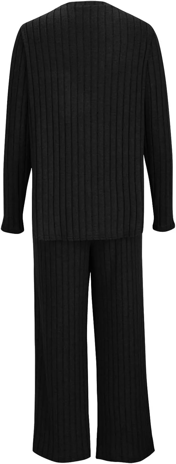 Womens Casual Solid Lounge Sets 2 Piece Front Pocket Knit Pullover Top and High Waisted Wide Leg Long Pants Tracksuit