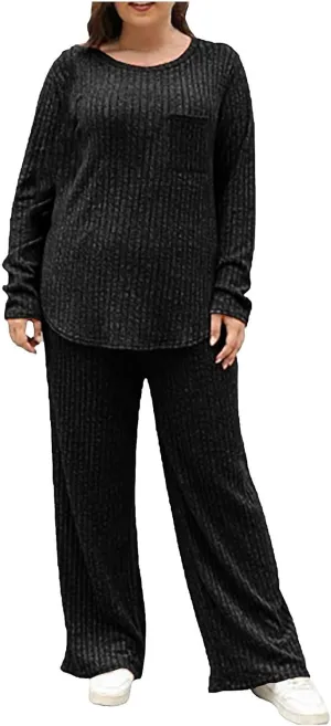 Womens Casual Solid Lounge Sets 2 Piece Front Pocket Knit Pullover Top and High Waisted Wide Leg Long Pants Tracksuit