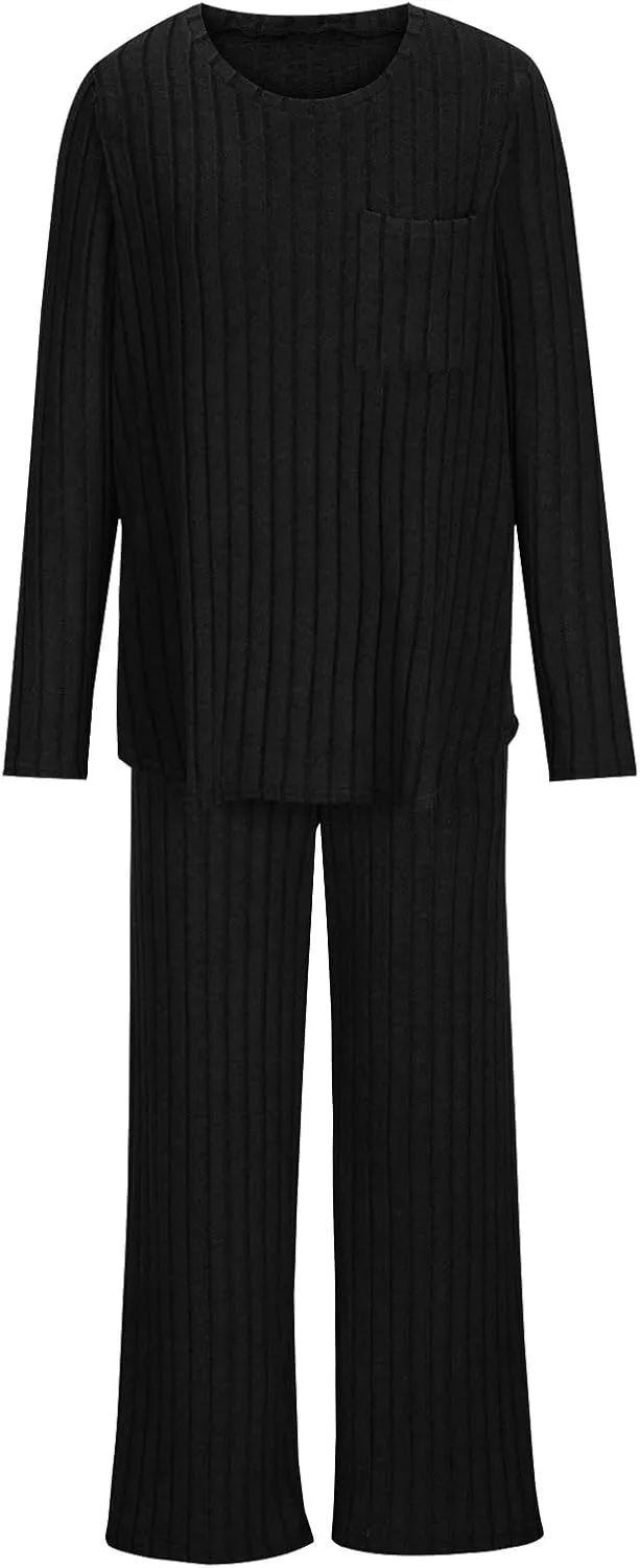 Womens Casual Solid Lounge Sets 2 Piece Front Pocket Knit Pullover Top and High Waisted Wide Leg Long Pants Tracksuit