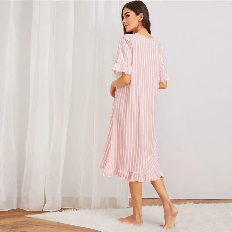 Women's Casual Striped Short-Sleeved Nightgown With Lace Trim