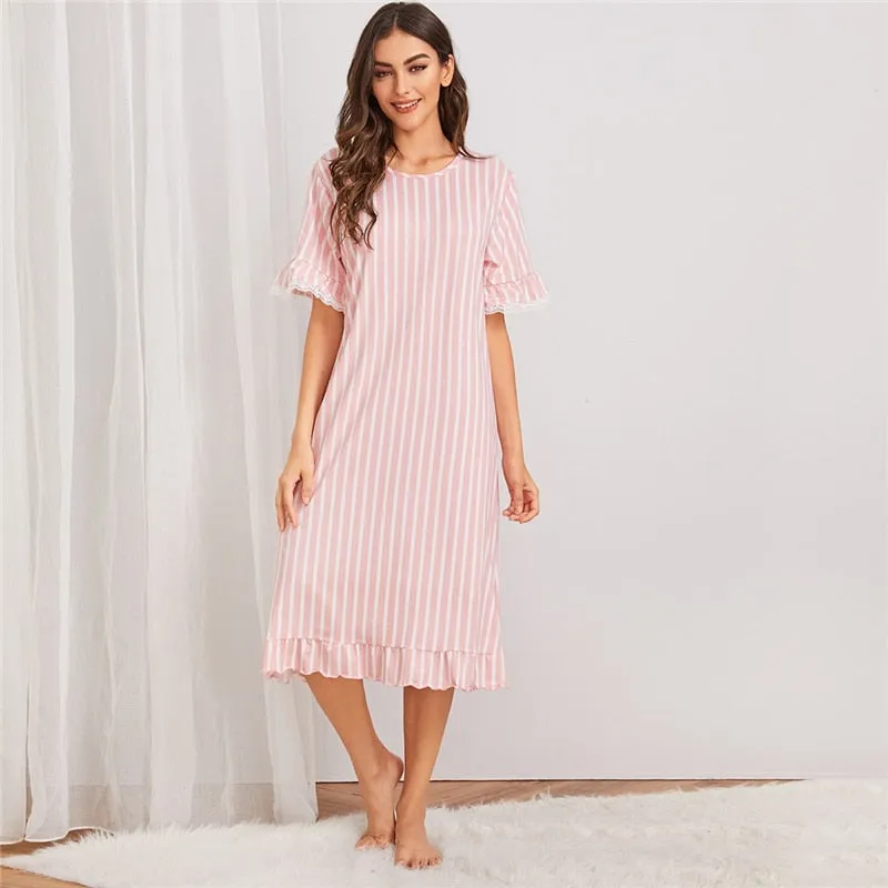 Women's Casual Striped Short-Sleeved Nightgown With Lace Trim