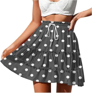 Women's Casual Summer Skirts High Waist Pleated Skirts A-Line Flowy Swing Tiered Skirt Polka Dots Beach Skirt