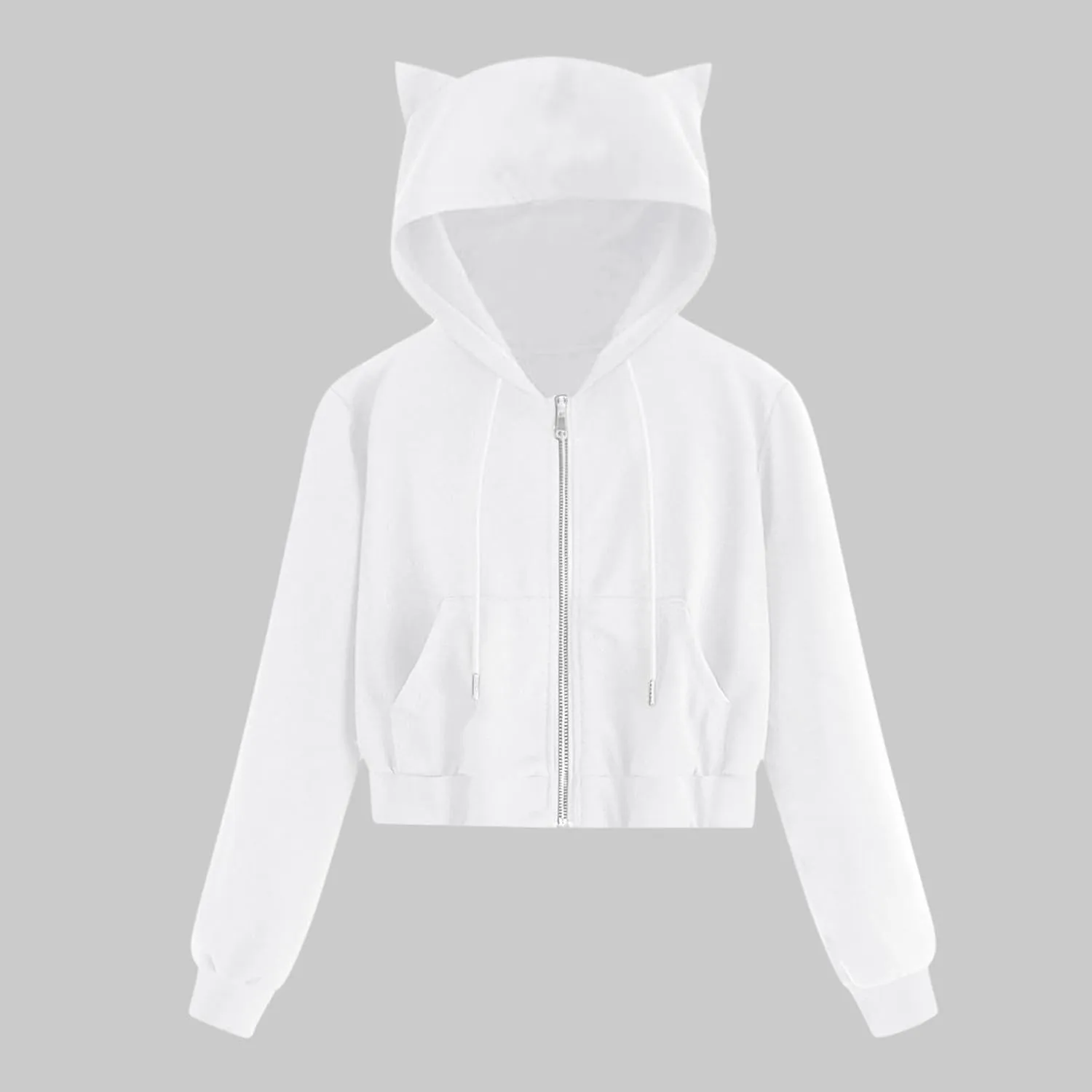 Women's Cat Ear Crop Hoodie Zip Up Sweatshirt Long Sleeve Drawstring Cute Full Zip Hoodies Pullover Tops