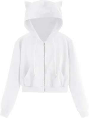 Women's Cat Ear Crop Hoodie Zip Up Sweatshirt Long Sleeve Drawstring Cute Full Zip Hoodies Pullover Tops