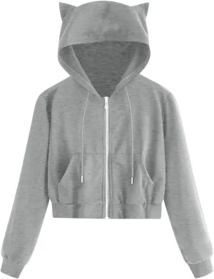 Women's Cat Ear Crop Hoodie Zip Up Sweatshirt Long Sleeve Drawstring Cute Full Zip Hoodies Pullover Tops