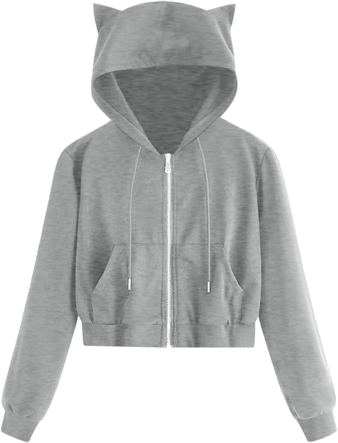 Women's Cat Ear Crop Hoodie Zip Up Sweatshirt Long Sleeve Drawstring Cute Full Zip Hoodies Pullover Tops