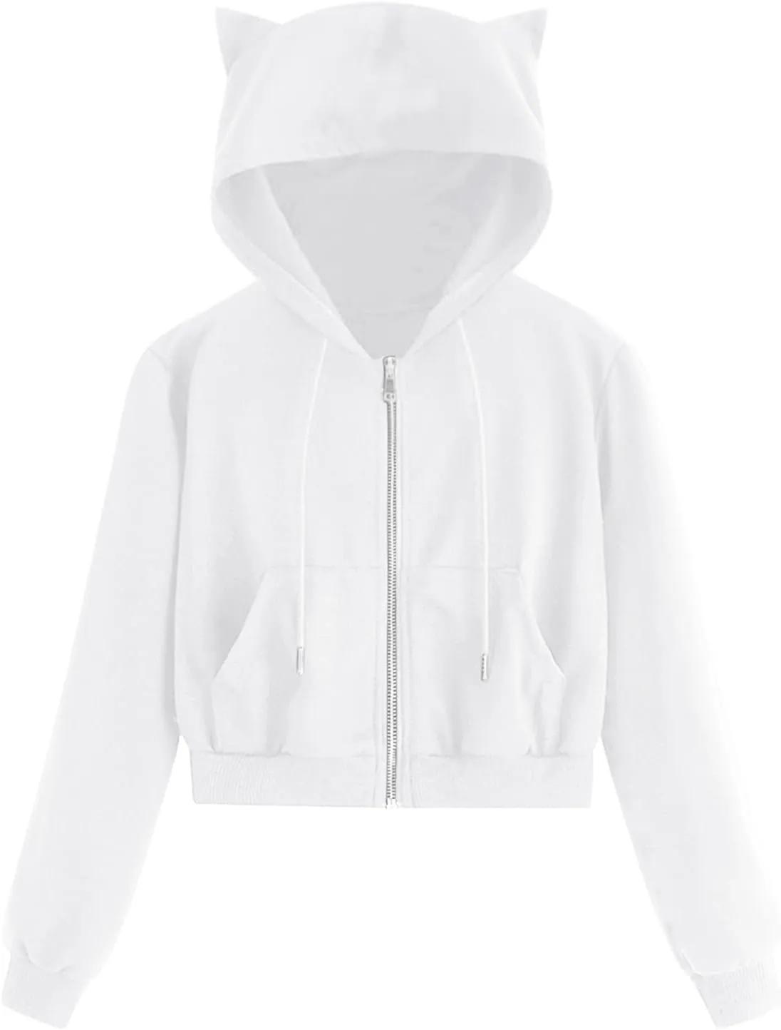 Women's Cat Ear Crop Hoodie Zip Up Sweatshirt Long Sleeve Drawstring Cute Full Zip Hoodies Pullover Tops