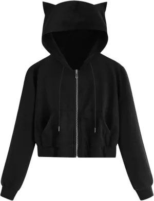 Women's Cat Ear Crop Hoodie Zip Up Sweatshirt Long Sleeve Drawstring Cute Full Zip Hoodies Pullover Tops