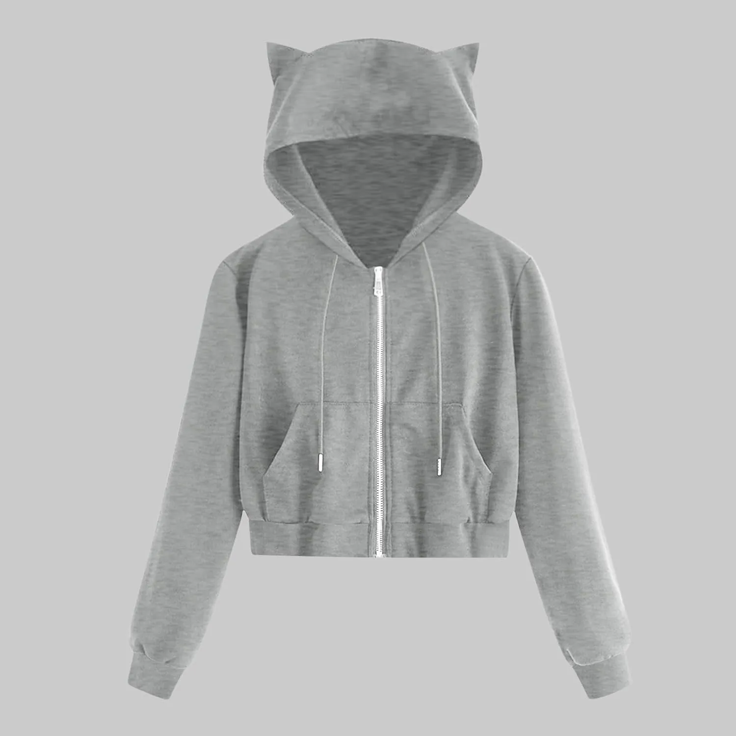 Women's Cat Ear Crop Hoodie Zip Up Sweatshirt Long Sleeve Drawstring Cute Full Zip Hoodies Pullover Tops