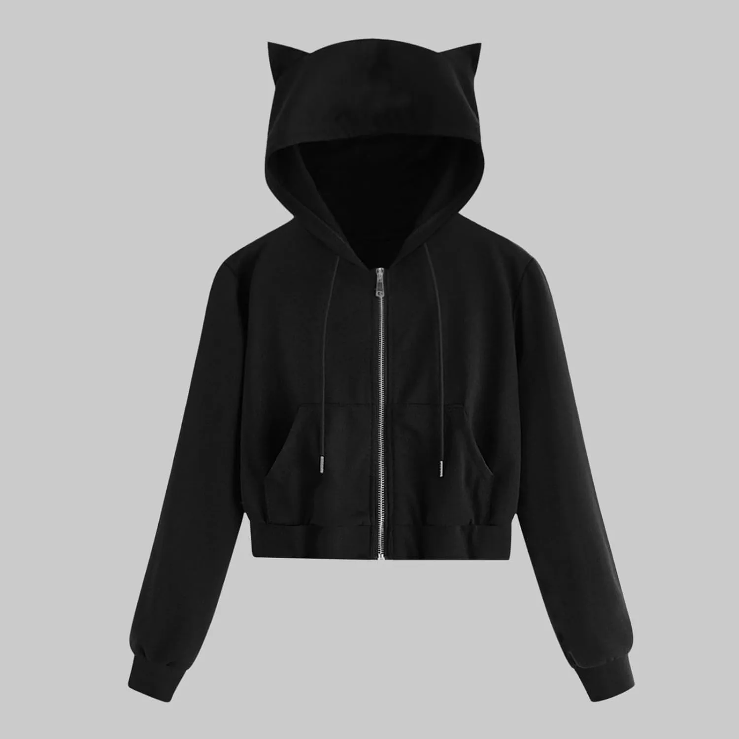 Women's Cat Ear Crop Hoodie Zip Up Sweatshirt Long Sleeve Drawstring Cute Full Zip Hoodies Pullover Tops