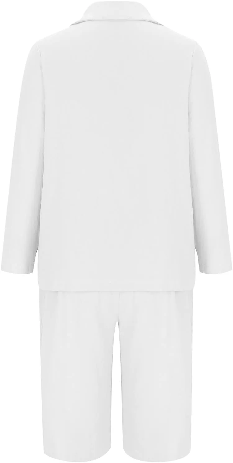 Womens Classy Plus Size Sets Formal Button Down Shirt with Pockets and Shorts Suits 2 Piece Cotton Linen Outfits