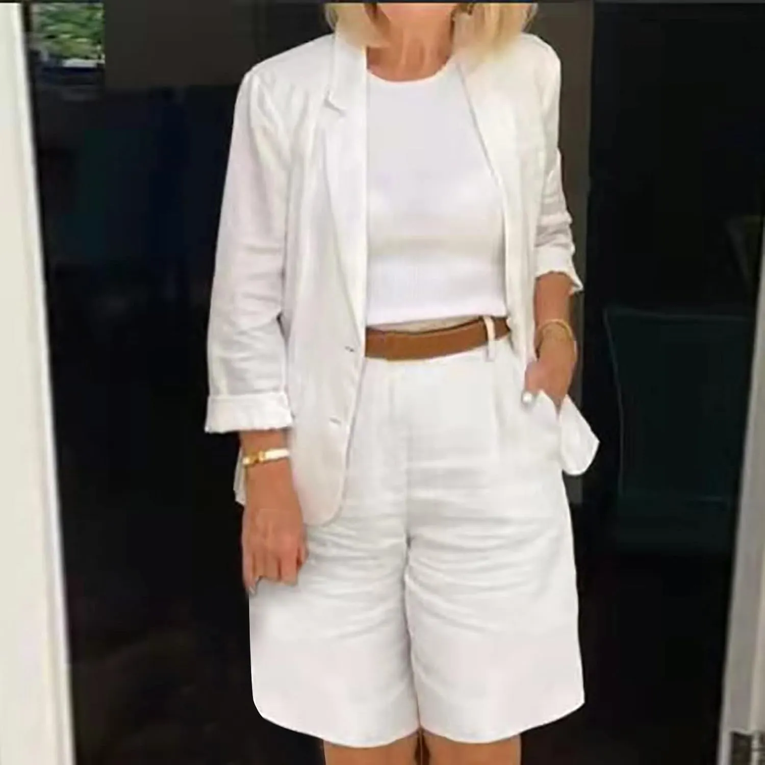 Womens Classy Plus Size Sets Formal Button Down Shirt with Pockets and Shorts Suits 2 Piece Cotton Linen Outfits