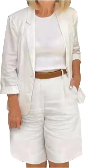 Womens Classy Plus Size Sets Formal Button Down Shirt with Pockets and Shorts Suits 2 Piece Cotton Linen Outfits