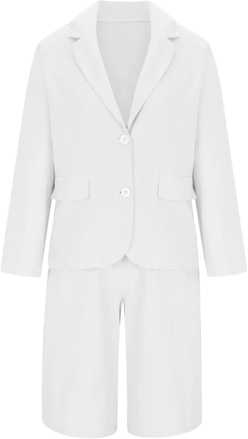 Womens Classy Plus Size Sets Formal Button Down Shirt with Pockets and Shorts Suits 2 Piece Cotton Linen Outfits