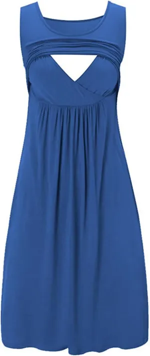 Women's Convenient Nursing Nightgown Patchwork Sleeveless Casual Maternity Dress Comfy Breastfeeding Sleepwear