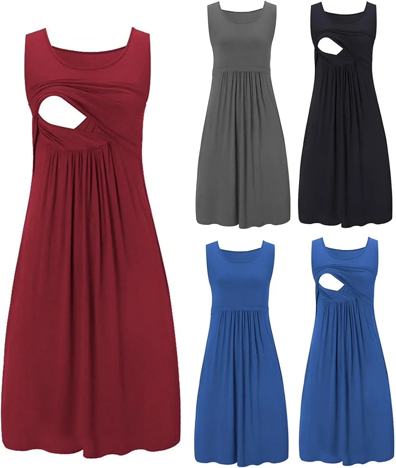 Women's Convenient Nursing Nightgown Patchwork Sleeveless Casual Maternity Dress Comfy Breastfeeding Sleepwear