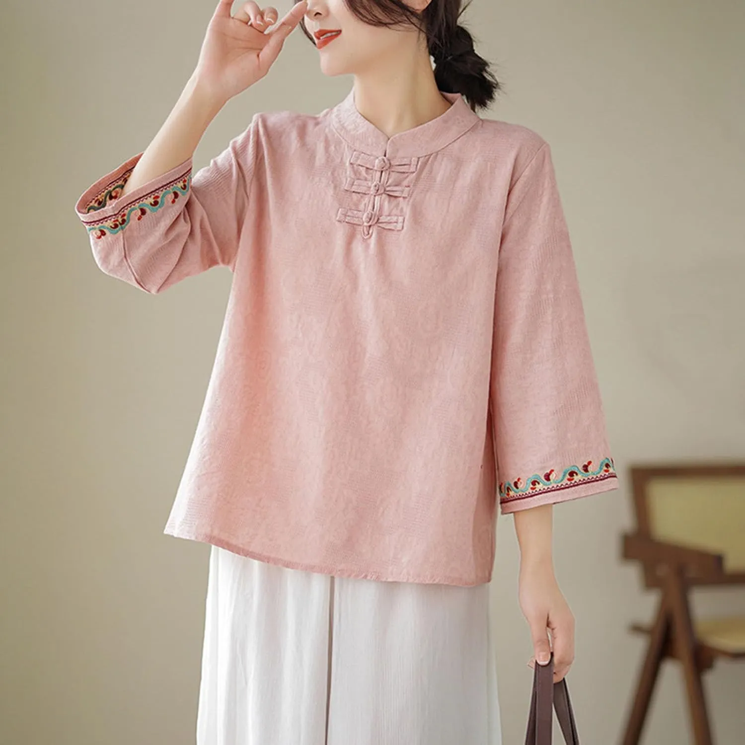 Women's Cotton Linen Blouse Vintage Chinese Style Mandarin Collar Tops Elegant Casual 3/4 Sleeve Shirts Summer Tshirt