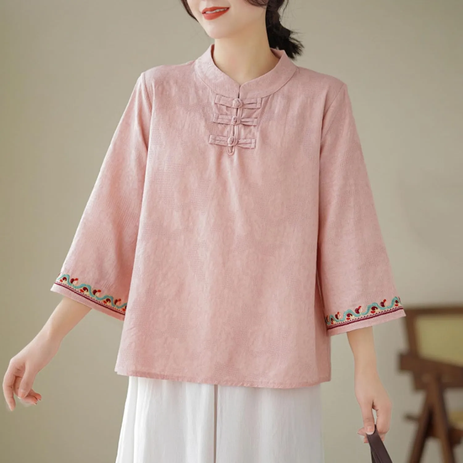 Women's Cotton Linen Blouse Vintage Chinese Style Mandarin Collar Tops Elegant Casual 3/4 Sleeve Shirts Summer Tshirt
