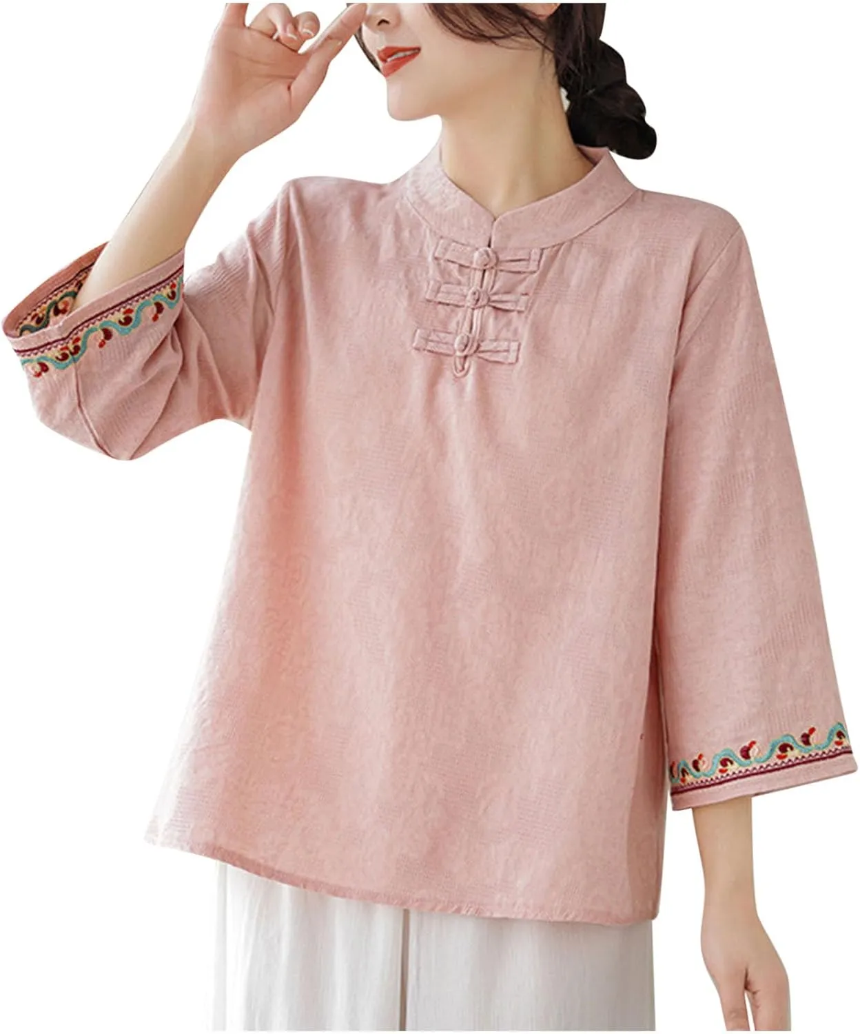 Women's Cotton Linen Blouse Vintage Chinese Style Mandarin Collar Tops Elegant Casual 3/4 Sleeve Shirts Summer Tshirt