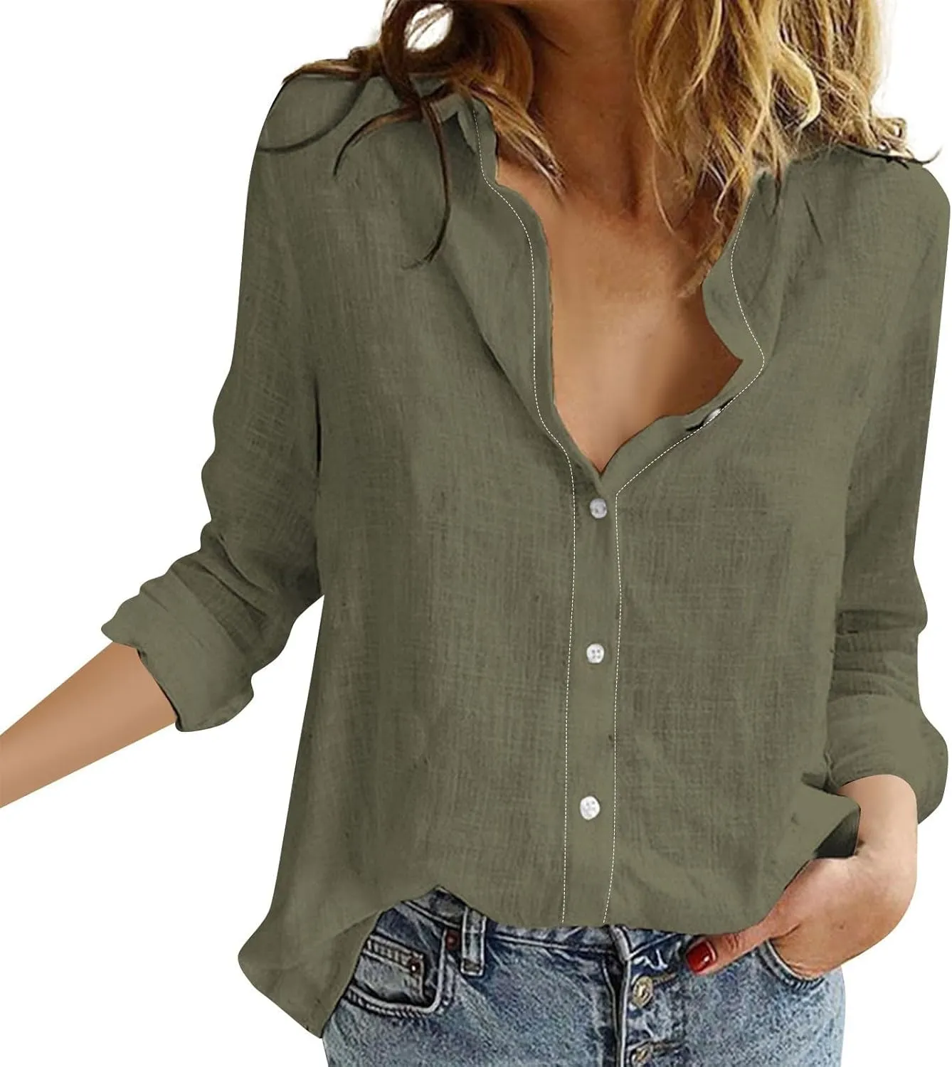 Womens Cotton Linen Button Down Shirts Summer Fall Casual Long Sleeve Solid Color Loose Fit Collared Work Blouse Tops