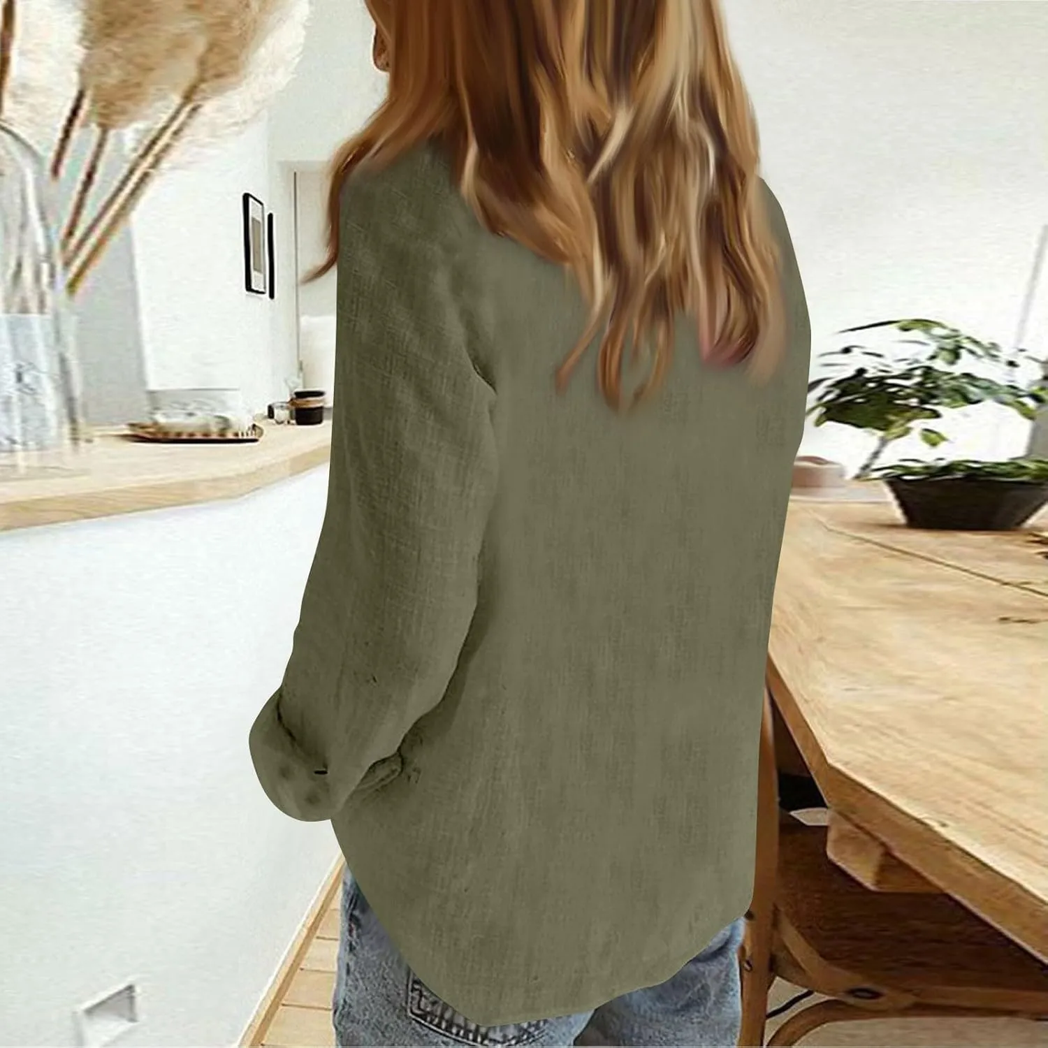 Womens Cotton Linen Button Down Shirts Summer Fall Casual Long Sleeve Solid Color Loose Fit Collared Work Blouse Tops